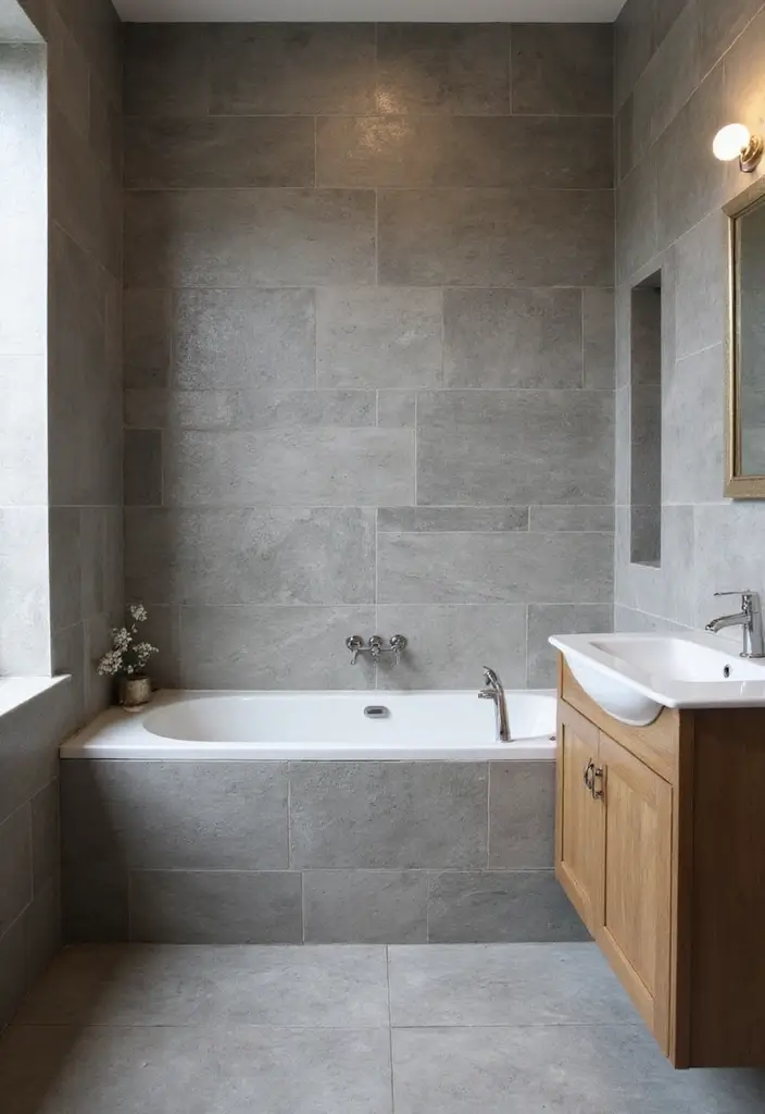 29 Bathroom Ideas Grey Tiles That Create Timeless Style 24 29 Bathroom Ideas Grey Tiles That Create Timeless Style - 23. Grey Tiles with Textured Wallpaper
