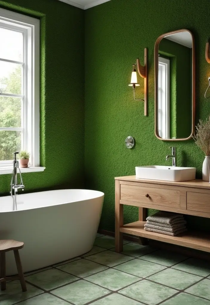 29 Moss Green Bathroom Ideas That Feel Earthy - 1. Lush Moss Green Walls