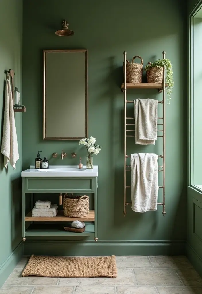 29 Moss Green Bathroom Ideas That Feel Earthy - 25. Creative Storage Solutions