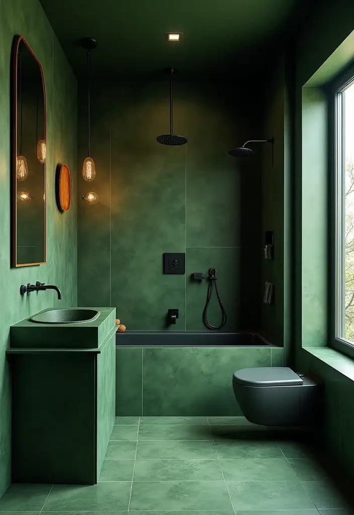 29 Moss Green Bathroom Ideas That Feel Earthy - 28. Bold Contrast with Darker Accents