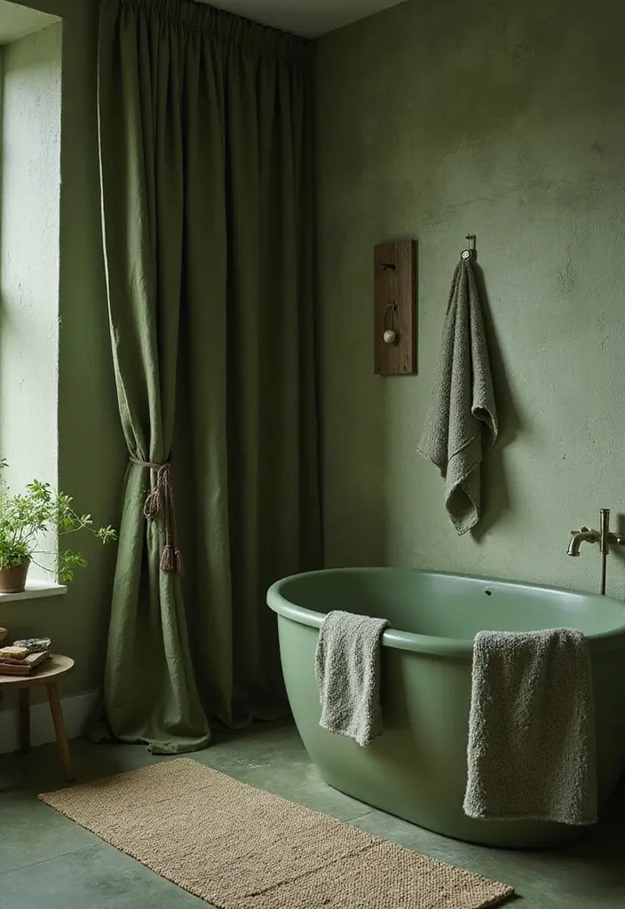 29 Moss Green Bathroom Ideas That Feel Earthy - 5. Textured Textiles
