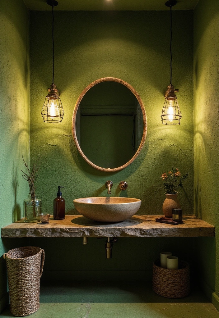 29 Moss Green Bathroom Ideas That Feel Earthy - 8. Unique Lighting Fixtures