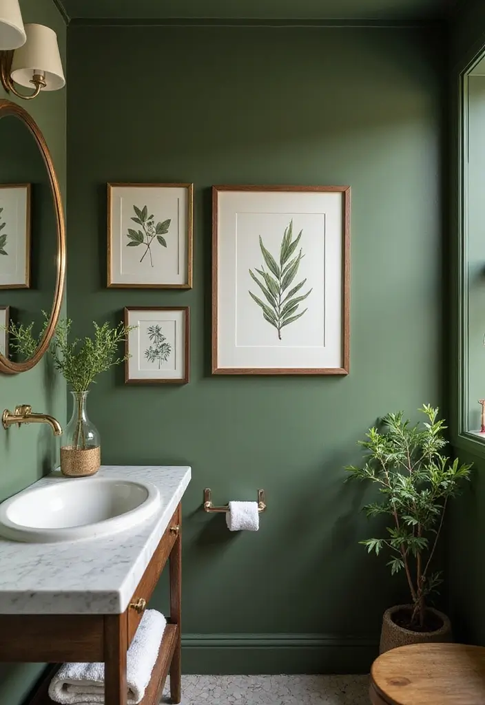 29 Moss Green Bathroom Ideas That Feel Earthy - 9. Nature-Inspired Artwork