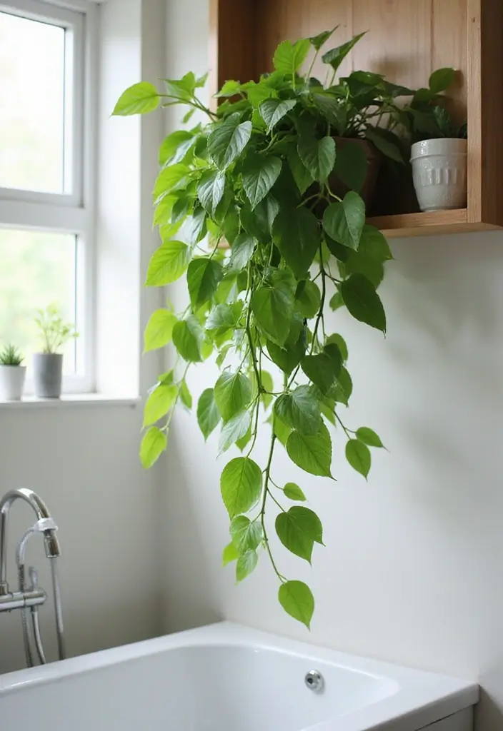 29 Plant in Bathroom Ideas That Thrive Indoors - 4. Pothos