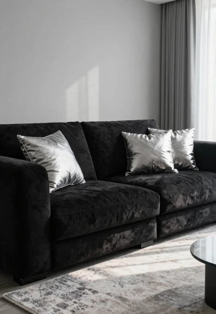 15 Black and Silver Living Room Decor Ideas: Sleek Glam Style 2 15 Black and Silver Living Room Decor Ideas: Sleek Glam Style - 1. Statement Black Sofa 1