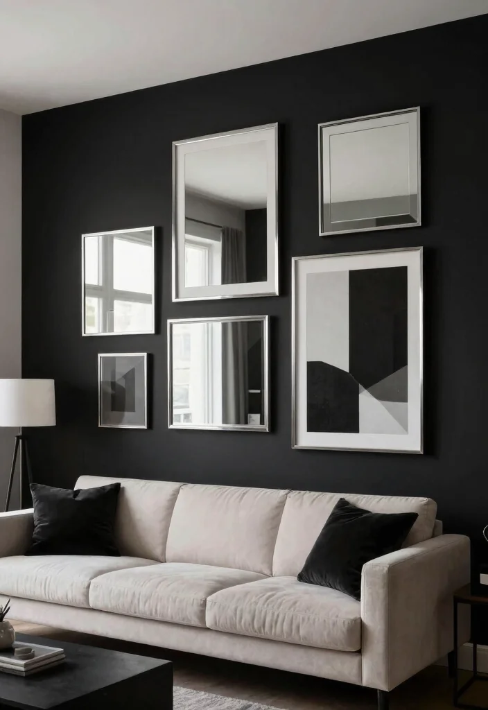 15 Black and Silver Living Room Decor Ideas: Sleek Glam Style 12 15 Black and Silver Living Room Decor Ideas: Sleek Glam Style - 11. Black and Silver Feature Wall 1
