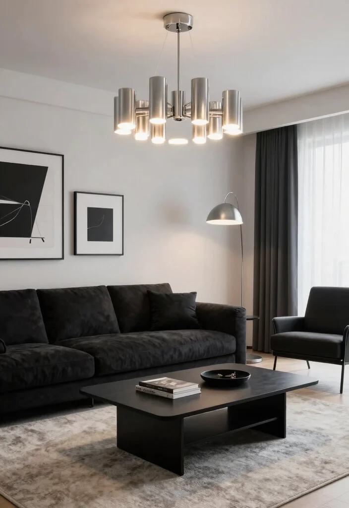 15 Black and Silver Living Room Decor Ideas: Sleek Glam Style 3 15 Black and Silver Living Room Decor Ideas: Sleek Glam Style - 2. Silver Accents in Lighting 1