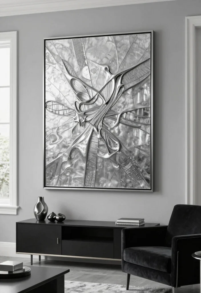 15 Black and Silver Living Room Decor Ideas: Sleek Glam Style 4 15 Black and Silver Living Room Decor Ideas: Sleek Glam Style - 3. Glamorous Silver Wall Art 1