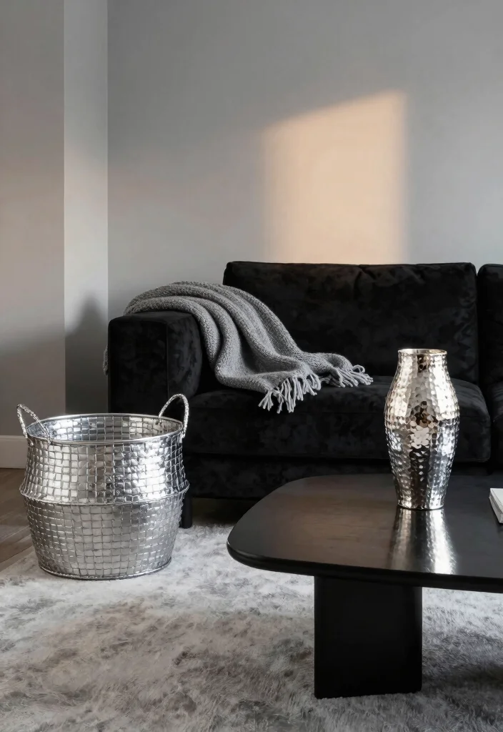 15 Black and Silver Living Room Decor Ideas: Sleek Glam Style 5 15 Black and Silver Living Room Decor Ideas: Sleek Glam Style - 4. Textured Silver Accents 1