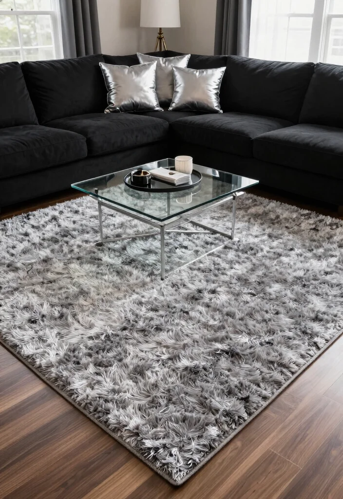 15 Black and Silver Living Room Decor Ideas: Sleek Glam Style 9 15 Black and Silver Living Room Decor Ideas: Sleek Glam Style - 8. Plush Rugs 1