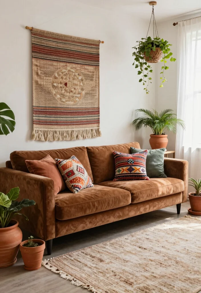 15 Brown Velvet Sofa Living Room Ideas: Rich Cozy Texture 2 15 Brown Velvet Sofa Living Room Ideas: Rich Cozy Texture - 1. Bohemian Chic with Earthy Tones 1
