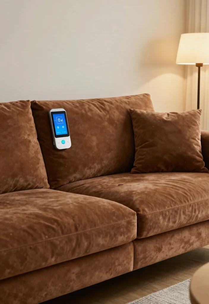 15 Brown Velvet Sofa Living Room Ideas: Rich Cozy Texture 12 15 Brown Velvet Sofa Living Room Ideas: Rich Cozy Texture - 11. Smart Tech Integration 1