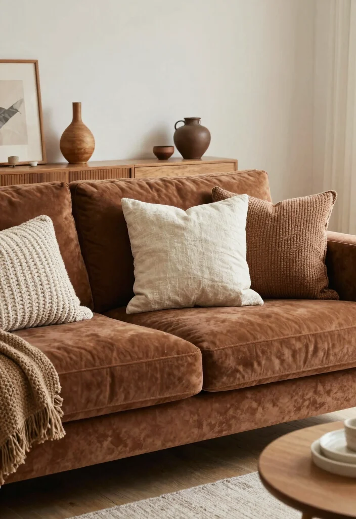 15 Brown Velvet Sofa Living Room Ideas: Rich Cozy Texture 13 15 Brown Velvet Sofa Living Room Ideas: Rich Cozy Texture - 12. Textured Layers for Visual Interest 1