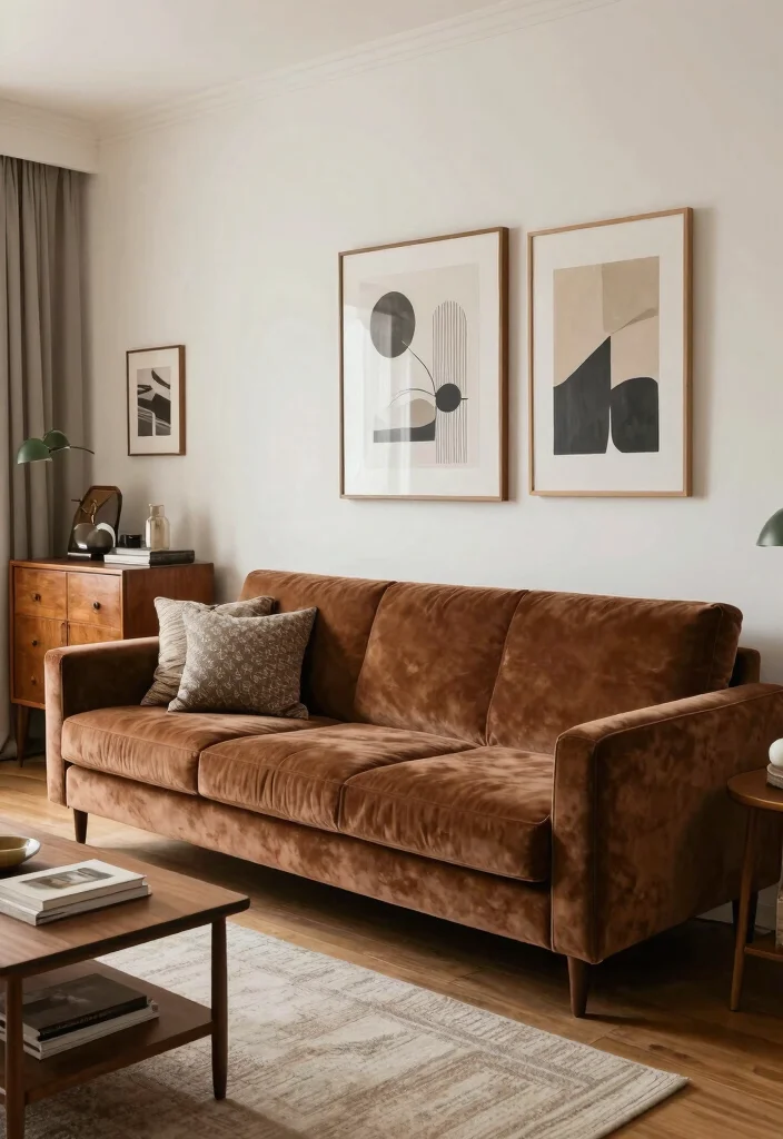 15 Brown Velvet Sofa Living Room Ideas: Rich Cozy Texture 14 15 Brown Velvet Sofa Living Room Ideas: Rich Cozy Texture - 13. Vintage Meets Modern Fusion 1
