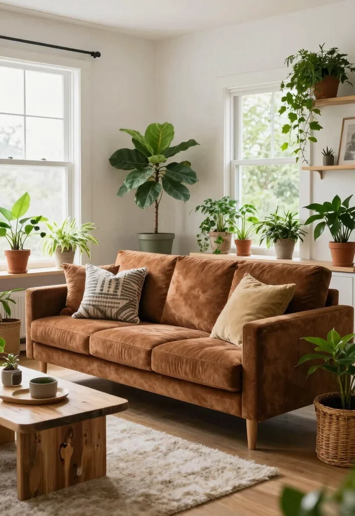 15 Brown Velvet Sofa Living Room Ideas: Rich Cozy Texture 15 15 Brown Velvet Sofa Living Room Ideas: Rich Cozy Texture - 14. Sustainable Style with Eco-Friendly Decor 1