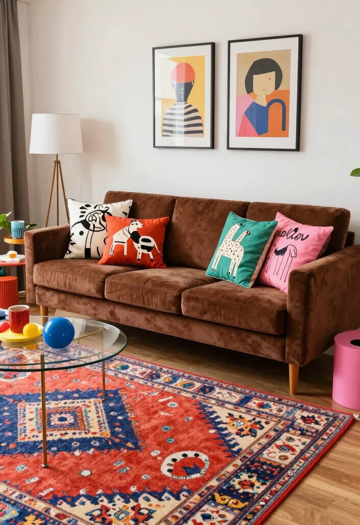 15 Brown Velvet Sofa Living Room Ideas: Rich Cozy Texture 16 15 Brown Velvet Sofa Living Room Ideas: Rich Cozy Texture - 15. Playful Patterns with Bold Graphics 1