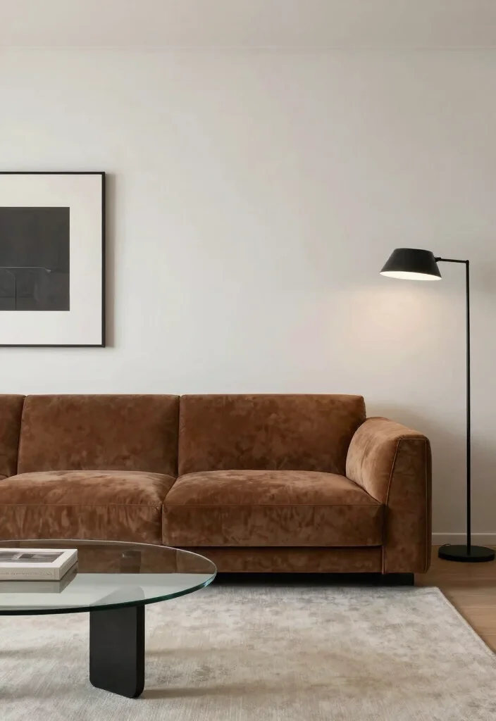 15 Brown Velvet Sofa Living Room Ideas: Rich Cozy Texture 3 15 Brown Velvet Sofa Living Room Ideas: Rich Cozy Texture - 2. Modern Minimalism with a Twist 1
