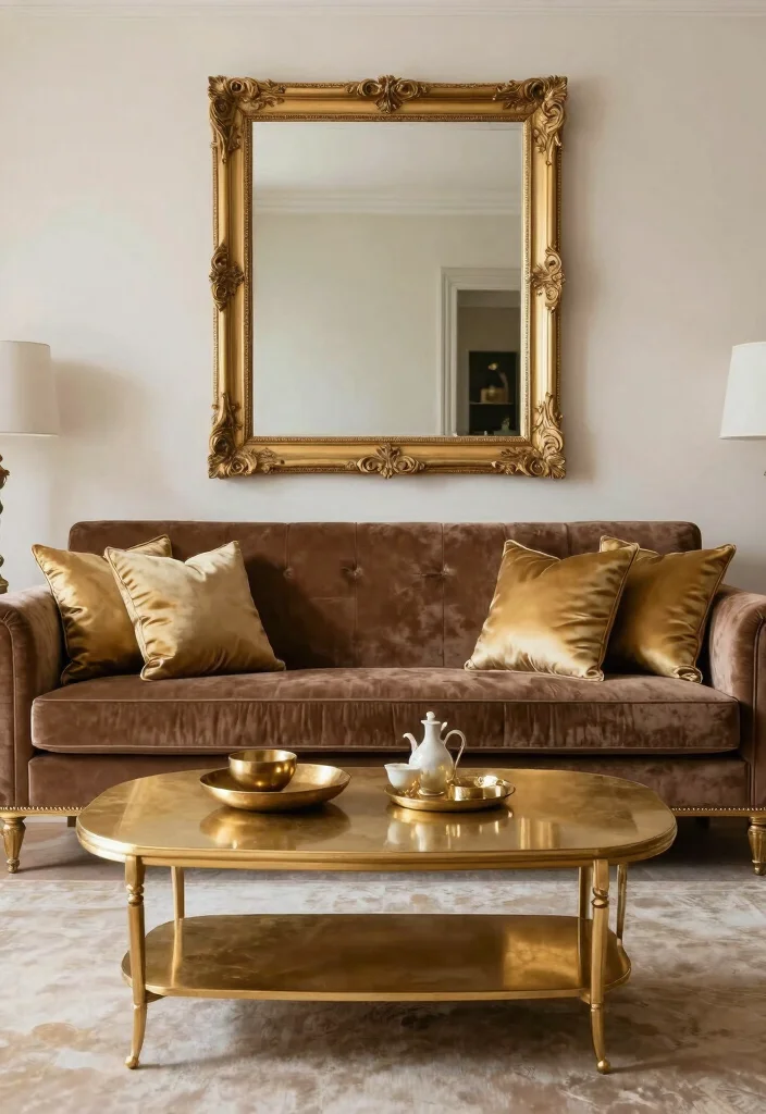 15 Brown Velvet Sofa Living Room Ideas: Rich Cozy Texture 4 15 Brown Velvet Sofa Living Room Ideas: Rich Cozy Texture - 3. Luxurious Glam with Gold Accents 1