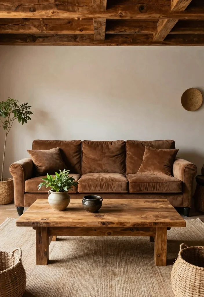 15 Brown Velvet Sofa Living Room Ideas: Rich Cozy Texture 5 15 Brown Velvet Sofa Living Room Ideas: Rich Cozy Texture - 4. Rustic Charm with Natural Elements 1