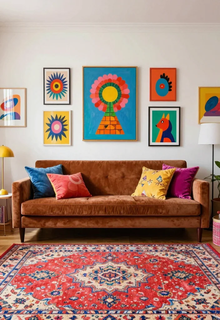 15 Brown Velvet Sofa Living Room Ideas: Rich Cozy Texture 6 15 Brown Velvet Sofa Living Room Ideas: Rich Cozy Texture - 5. Artistic Play with Colorful Accents 1