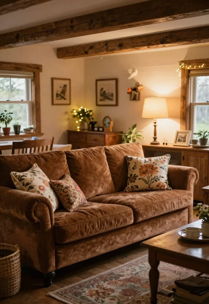 15 Brown Velvet Sofa Living Room Ideas: Rich Cozy Texture 7 15 Brown Velvet Sofa Living Room Ideas: Rich Cozy Texture - 6. Cozy Cottage Vibe 1