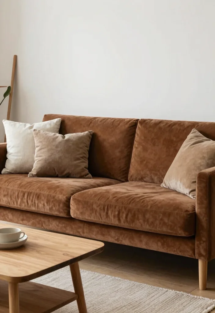 15 Brown Velvet Sofa Living Room Ideas: Rich Cozy Texture 8 15 Brown Velvet Sofa Living Room Ideas: Rich Cozy Texture - 7. Scandinavian Simplicity 1