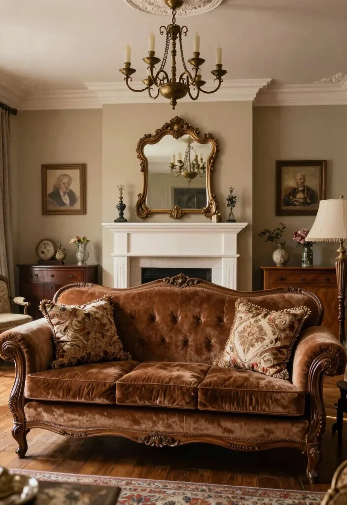15 Brown Velvet Sofa Living Room Ideas: Rich Cozy Texture 9 15 Brown Velvet Sofa Living Room Ideas: Rich Cozy Texture - 8. Vintage Elegance 1