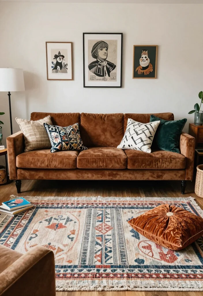 15 Brown Velvet Sofa Living Room Ideas: Rich Cozy Texture 10 15 Brown Velvet Sofa Living Room Ideas: Rich Cozy Texture - 9. Eclectic Style Mix 1