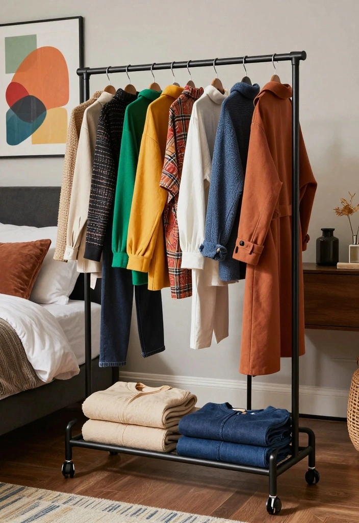 15 Closet Ideas for Small Bedrooms: Smart Space-Saving Storage 7 15 Closet Ideas for Small Bedrooms: Smart Space-Saving Storage - 6. Hang Clothes on a Rolling Rack 1