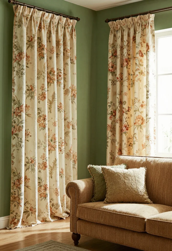 15 Curtains for Green Walls Living Room Ideas Perfect Pairings 14 15 Curtains for Green Walls Living Room Ideas Perfect Pairings - 13. Vintage Floral Prints for a Cozy Retreat 1