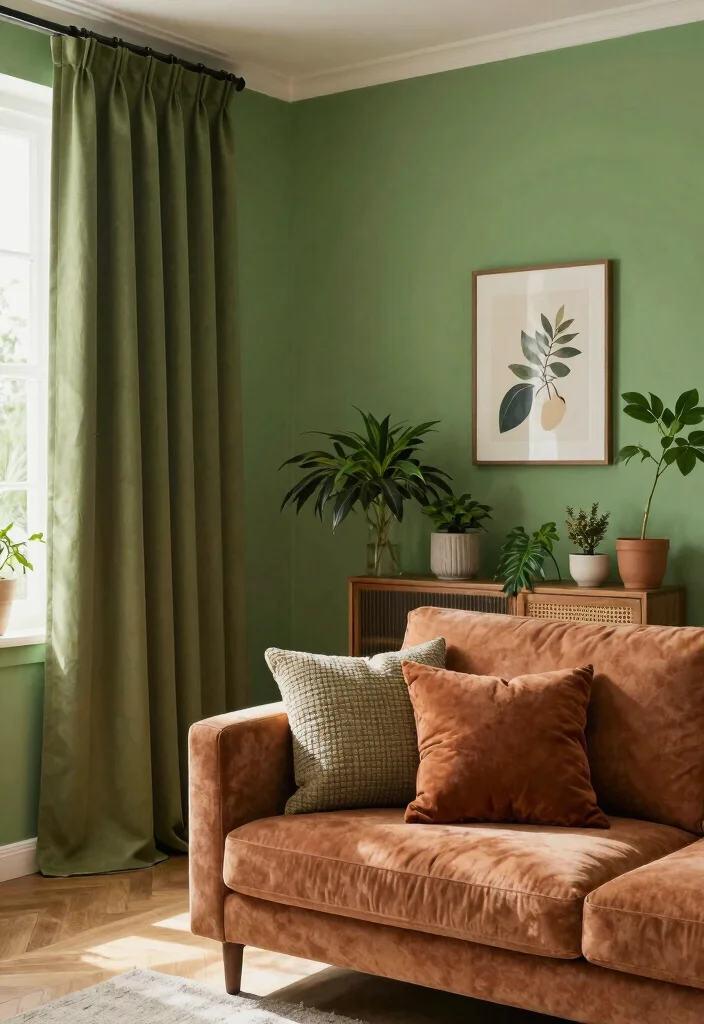 15 Curtains for Green Walls Living Room Ideas Perfect Pairings 3 15 Curtains for Green Walls Living Room Ideas Perfect Pairings - 2. Earthy Tones: Olive and Rust 1