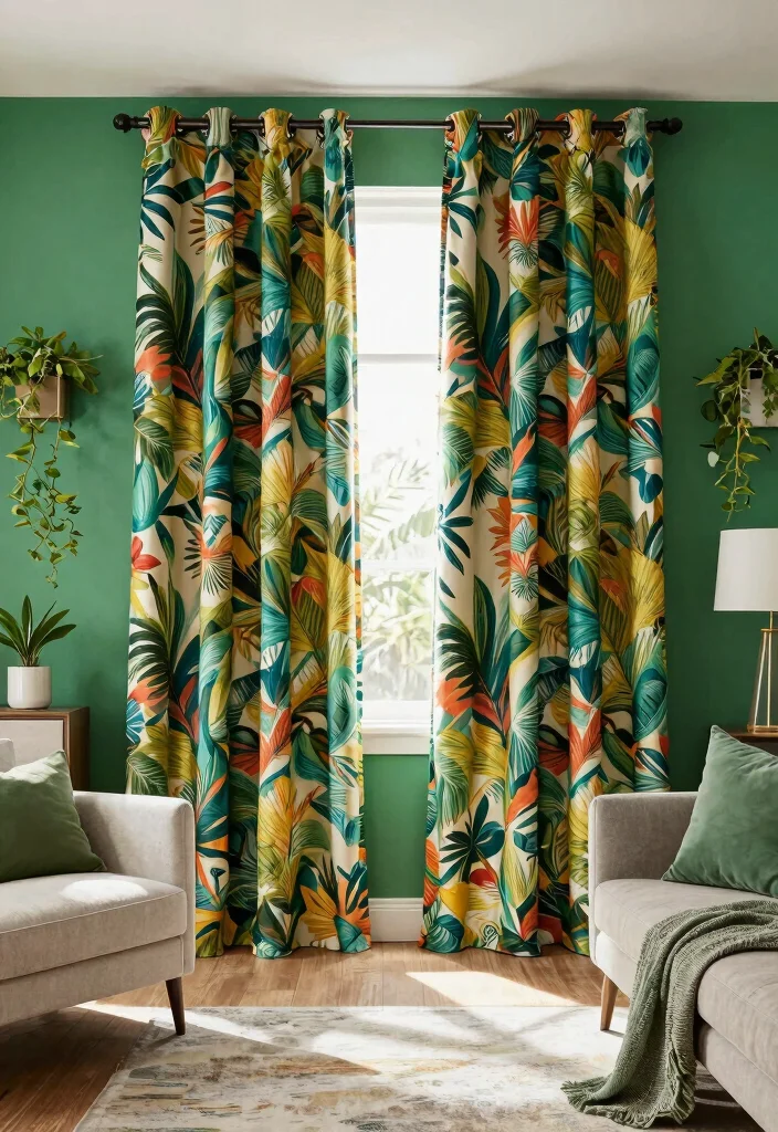 15 Curtains for Green Walls Living Room Ideas Perfect Pairings 4 15 Curtains for Green Walls Living Room Ideas Perfect Pairings - 3. Bold Patterns for the Adventurous 1
