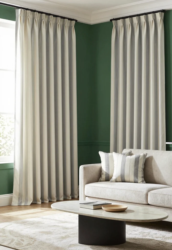 15 Curtains for Green Walls Living Room Ideas Perfect Pairings 7 15 Curtains for Green Walls Living Room Ideas Perfect Pairings - 6. Timeless Stripes: Adding Elegance 1