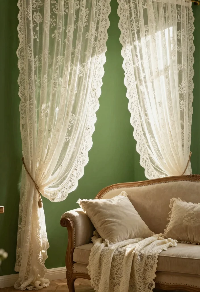 15 Curtains for Green Walls Living Room Ideas Perfect Pairings 10 15 Curtains for Green Walls Living Room Ideas Perfect Pairings - 9. Intricate Lace for Romantic Touches 1