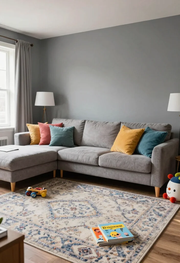 15 Grey Feature Wall Living Room Ideas for a Modern Neutral Style 7 15 Grey Feature Wall Living Room Ideas for a Modern Neutral Style - 6. Family-Friendly Comfort 1