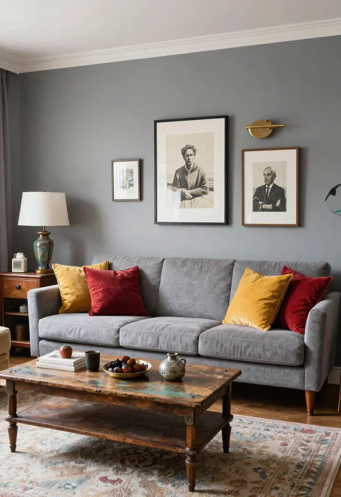 15 Grey Feature Wall Living Room Ideas for a Modern Neutral Style 8 15 Grey Feature Wall Living Room Ideas for a Modern Neutral Style - 7. Vintage Charm Meets Modern Grey 1