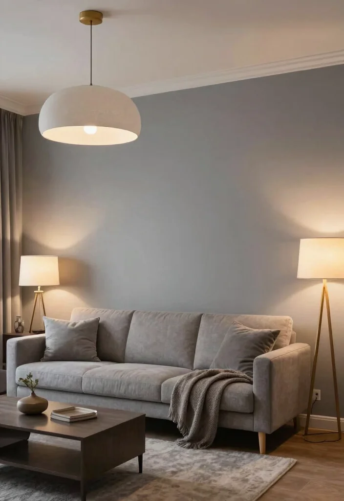 15 Grey Feature Wall Living Room Ideas for a Modern Neutral Style 10 15 Grey Feature Wall Living Room Ideas for a Modern Neutral Style - 9. Layered Lighting 1