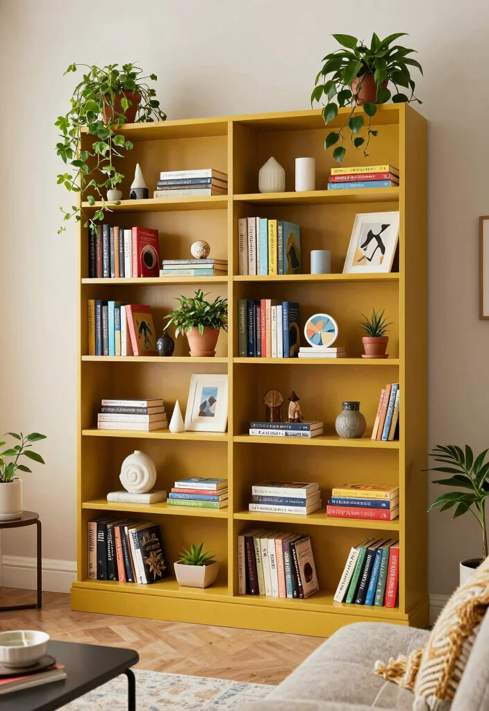 15 Mustard Living Room Decor Ideas: Warm Bold Accents 8 15 Mustard Living Room Decor Ideas: Warm Bold Accents - 7. Mustard Bookshelves 1