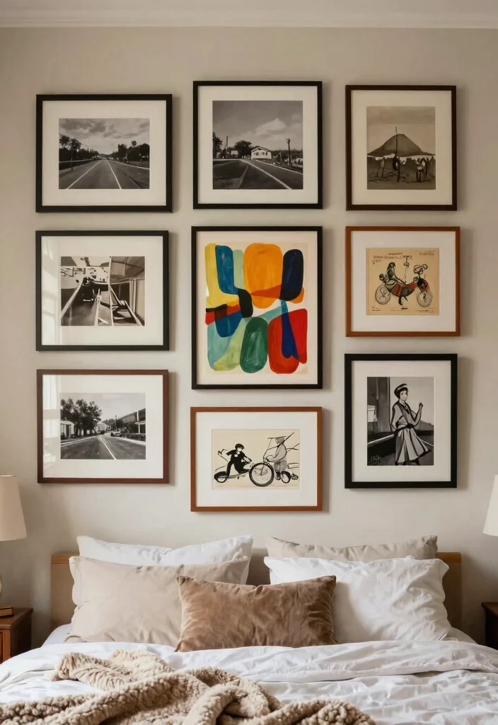 16 Bedroom Pictures Above Bed Ideas: Balanced Wall Decor - 1. Gallery Wall with a Twist 1
