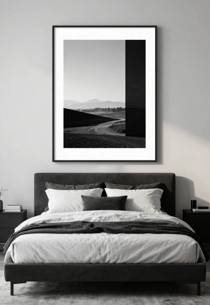 16 Bedroom Pictures Above Bed Ideas: Balanced Wall Decor - 9. Minimalist Black and White Art 1