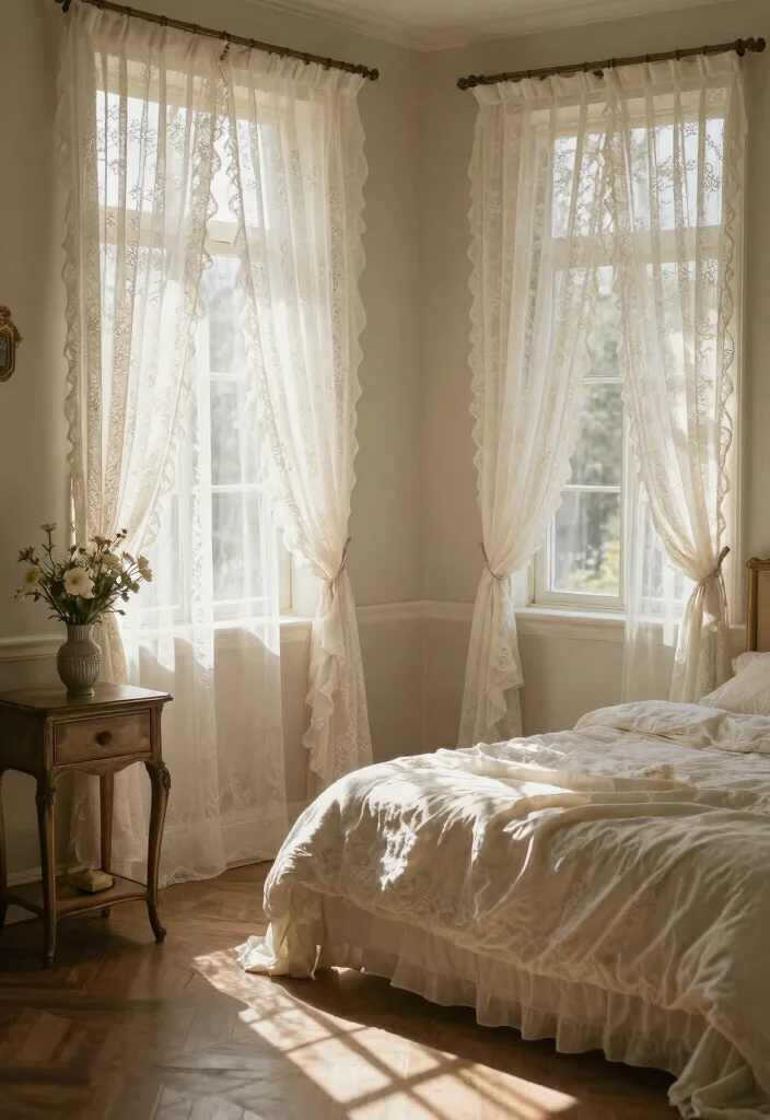 16 Bedroom Window Treatments Ideas: Functional and Stylish 11 16 Bedroom Window Treatments Ideas: Functional and Stylish - 10. Vintage Lace Curtains 1