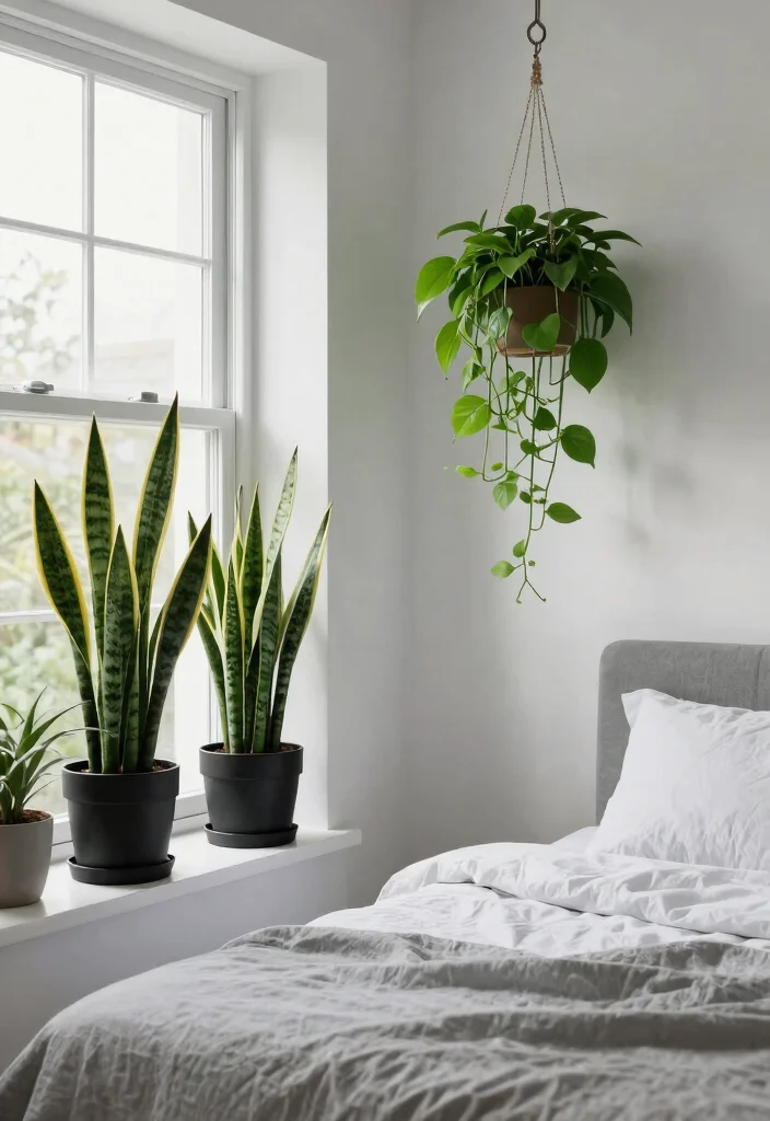 16 Black and White Themed Bedroom Ideas: Timeless Chic 14 16 Black and White Themed Bedroom Ideas: Timeless Chic - 13. Plants for a Touch of Green 1
