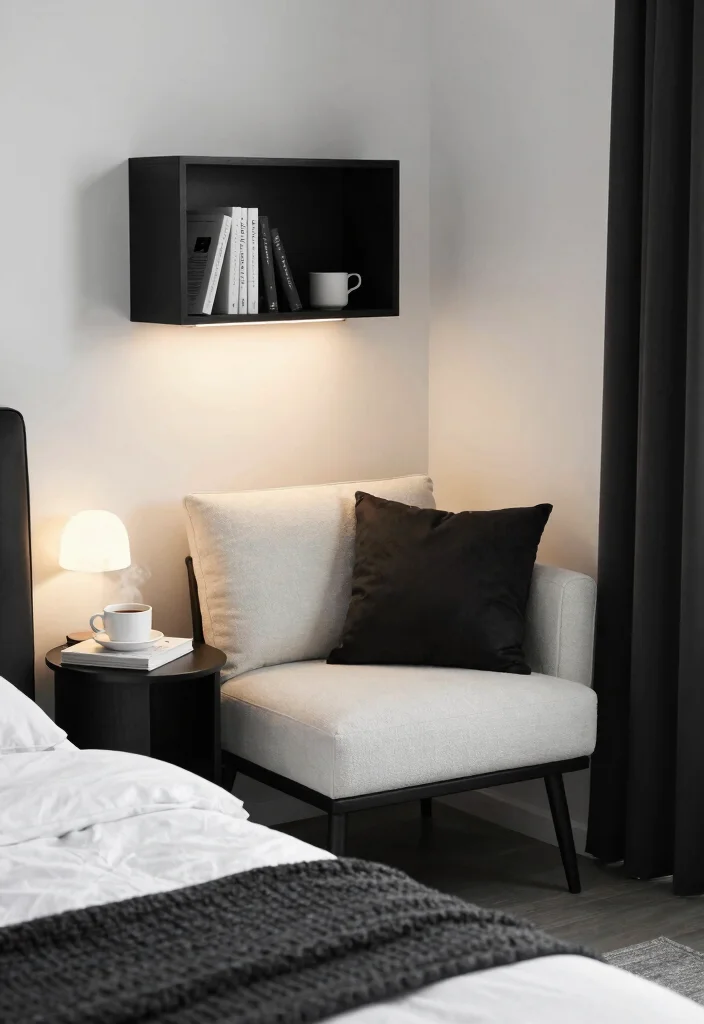 16 Black and White Themed Bedroom Ideas: Timeless Chic 17 16 Black and White Themed Bedroom Ideas: Timeless Chic - 16. Cozy Nook Creation 1