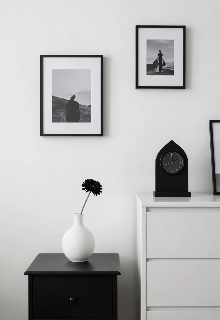 16 Black and White Themed Bedroom Ideas: Timeless Chic 7 16 Black and White Themed Bedroom Ideas: Timeless Chic - 6. Minimalist Decor Accessories 1
