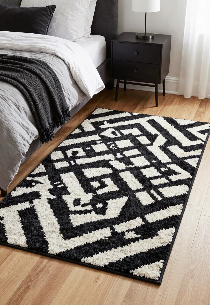 16 Black and White Themed Bedroom Ideas: Timeless Chic 9 16 Black and White Themed Bedroom Ideas: Timeless Chic - 8. Statement Rugs 1
