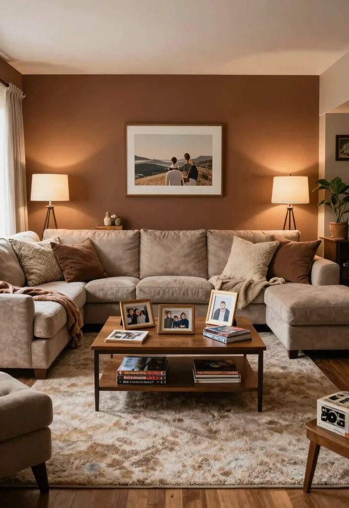 16 Brown Accent Wall Living Room Ideas: Warm, Cozy Depth 12 16 Brown Accent Wall Living Room Ideas: Warm, Cozy Depth - 11. Cozy Family Space 1