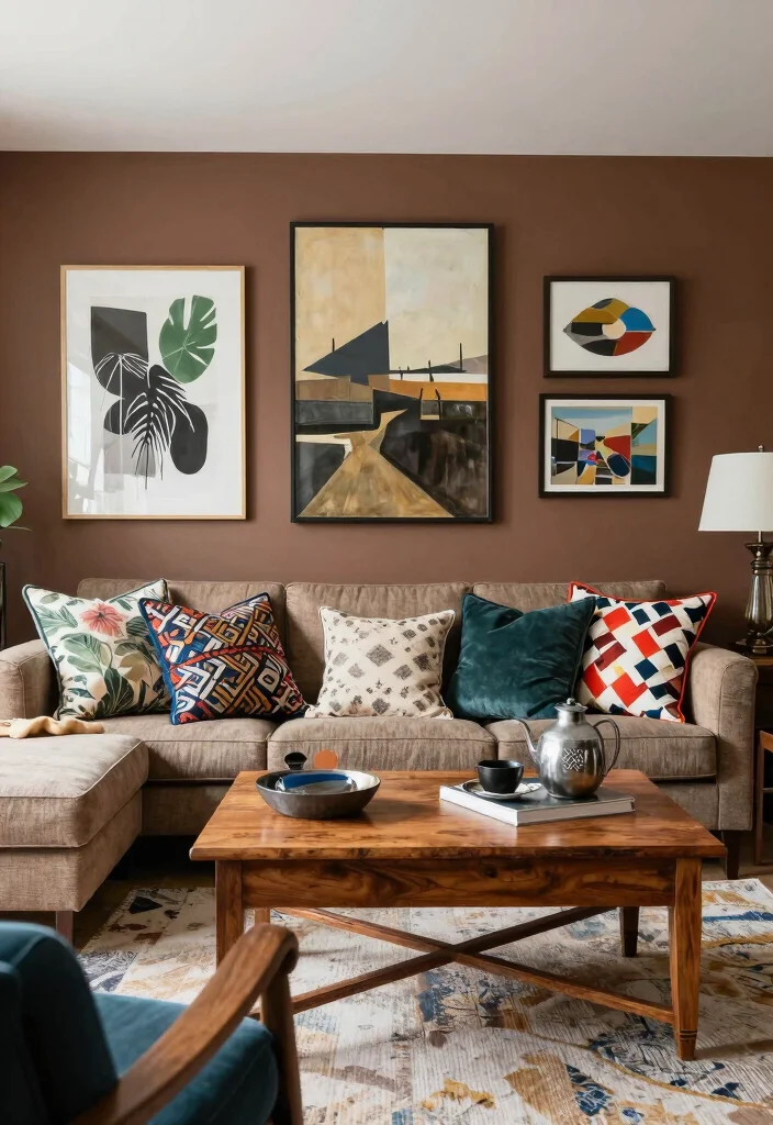 16 Brown Accent Wall Living Room Ideas: Warm, Cozy Depth 14 16 Brown Accent Wall Living Room Ideas: Warm, Cozy Depth - 13. Eclectic Mix of Styles 1