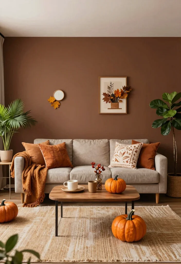 16 Brown Accent Wall Living Room Ideas: Warm, Cozy Depth 16 16 Brown Accent Wall Living Room Ideas: Warm, Cozy Depth - 15. Seasonal Decor Touches 1