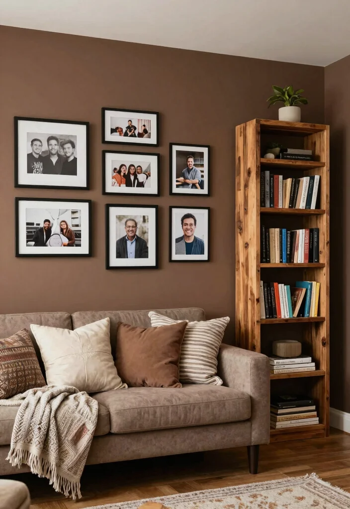 16 Brown Accent Wall Living Room Ideas: Warm, Cozy Depth 17 16 Brown Accent Wall Living Room Ideas: Warm, Cozy Depth - 16. Personal Touches with DIY Projects 1