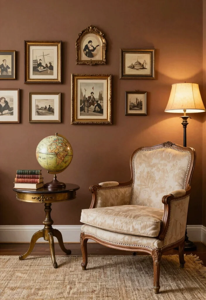 16 Brown Accent Wall Living Room Ideas: Warm, Cozy Depth 5 16 Brown Accent Wall Living Room Ideas: Warm, Cozy Depth - 4. Vintage Charm with Antique Decor 1